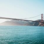 Golden Gate Bridge scene at sunrise with calm ocean and clear sky in San Francisco.