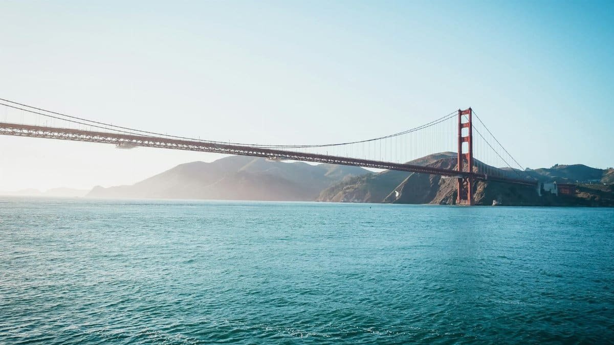 Golden Gate Bridge scene at sunrise with calm ocean and clear sky in San Francisco.