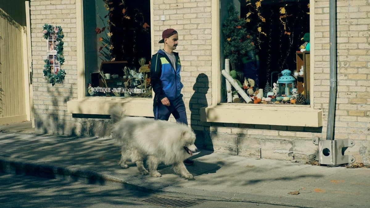 A man walking a fluffy white dog on a sidewalk past a boutique storefront with decorative items.