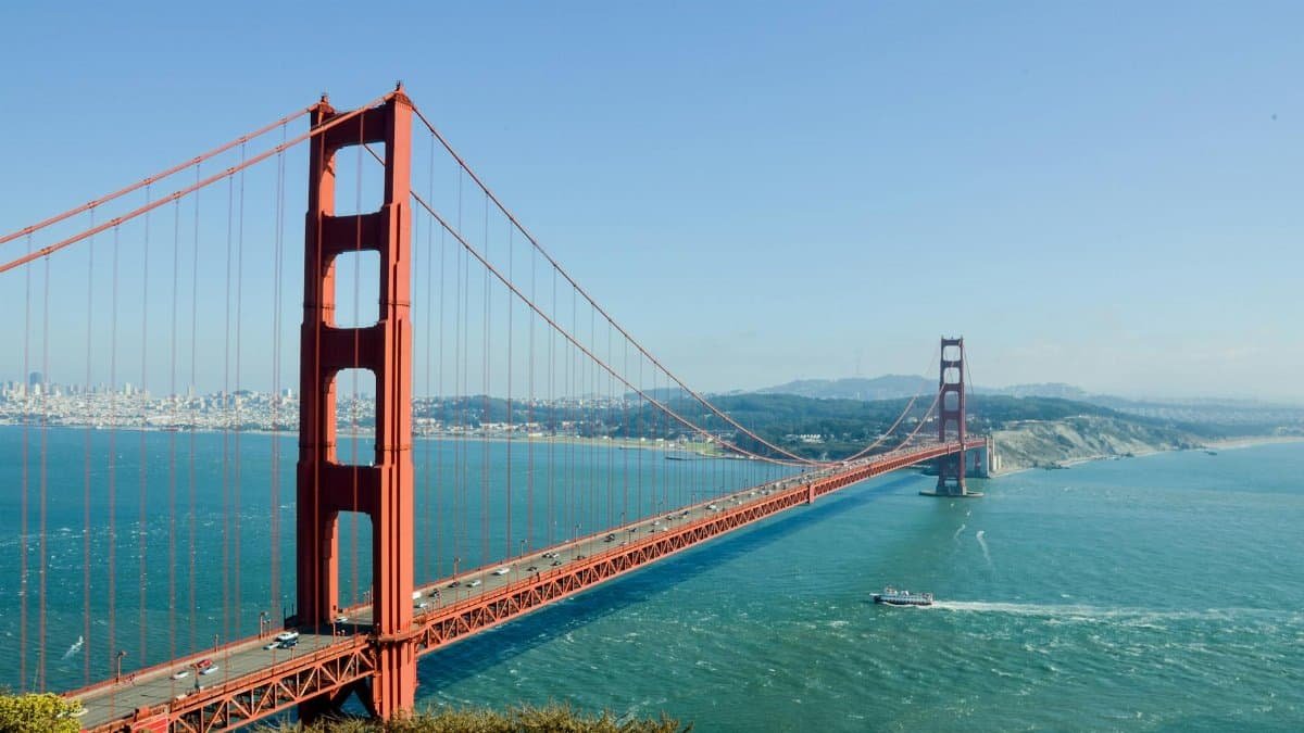 Iconic Golden Gate Bridge spanning the San Francisco Bay on a clear day.
