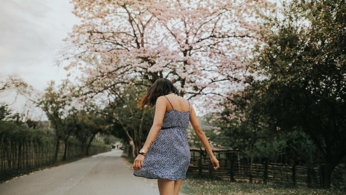 A young woman in a dress walks on a tree-lined road during spring, embracing nature and tranquility.