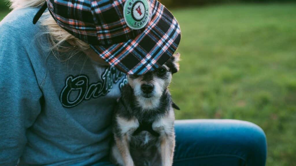 A person in a plaid cap sits with a small dog on the grass, capturing a moment of affection.