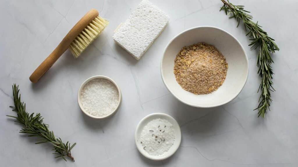 Top view of bowls with ingredients for organic scrub arranged with pumice stone and fresh branches of rosemary
