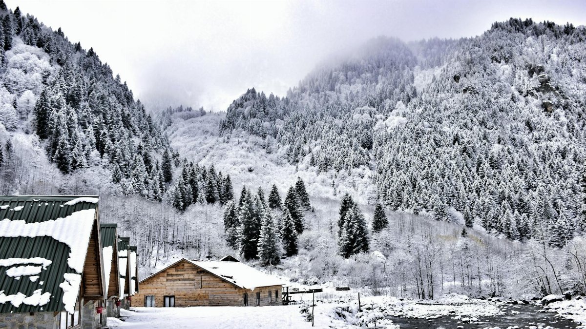 Peaceful winter scene with snow-covered cabins nestled in a mountain valley.