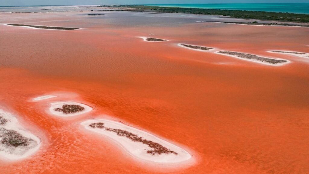 Stunning aerial view of vibrant red salt flats in Mexico, showcasing unique landscape patterns.