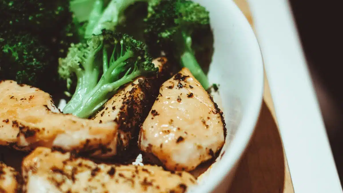 Close-up of a healthy homemade chicken and broccoli dish, perfect for a nutritious meal.