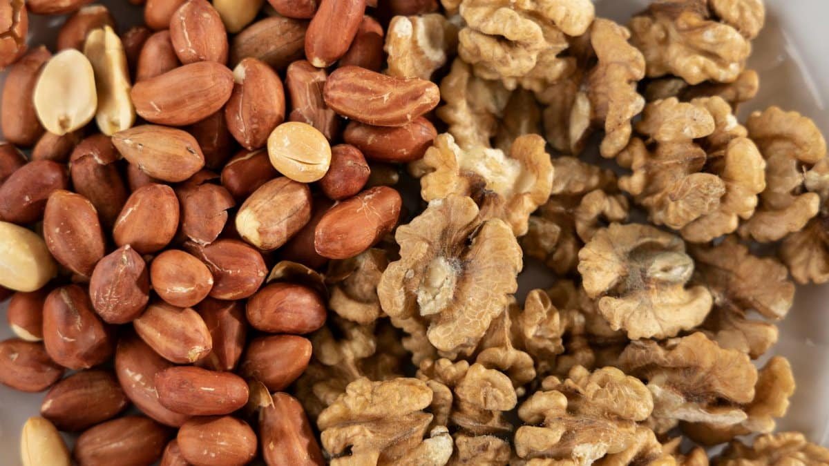 A detailed view of a healthy mix of raw peanuts and walnuts, highlighting texture and variety.