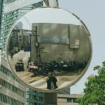A captivating street scene reflection in a convex mirror in downtown Seoul, South Korea.