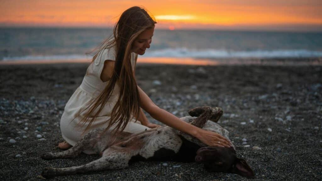 Young woman in white dress petting a dog on a beach at sunset, capturing a serene moment. Alakhadzi, Georgia.