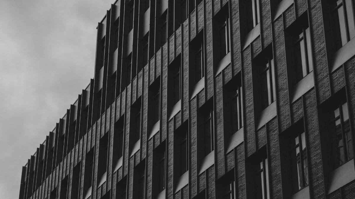 Diagonal view of a modern building in black and white in Charlottesville, Virginia.