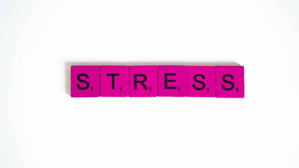 Pink Scrabble tiles spelling 'stress' arranged on a clean white background, emphasizing mental health.