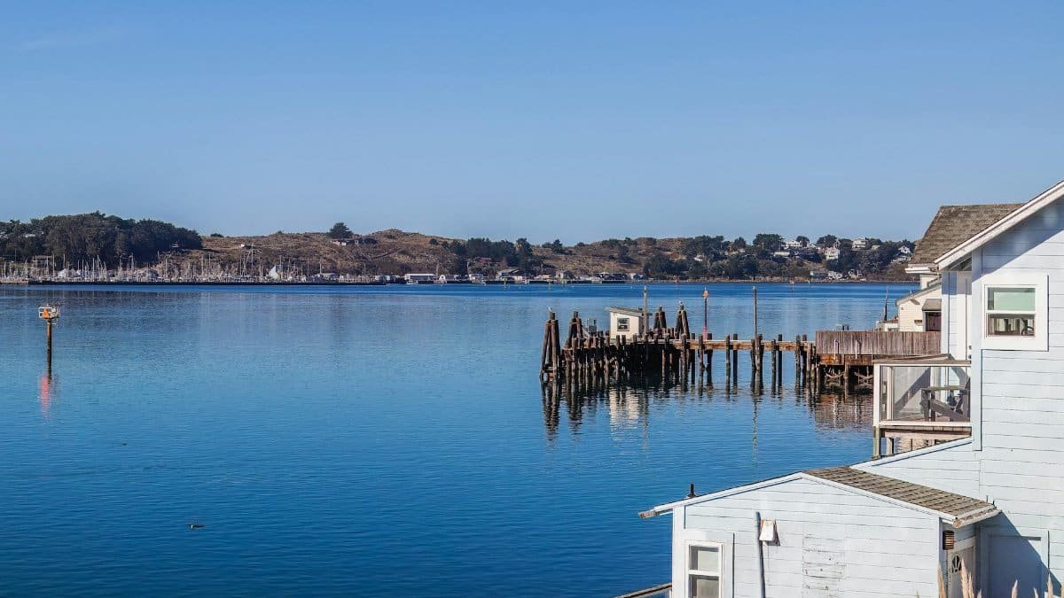 Scenic view of a peaceful lake with a wooden pier and charming lakeside houses under clear blue sky.