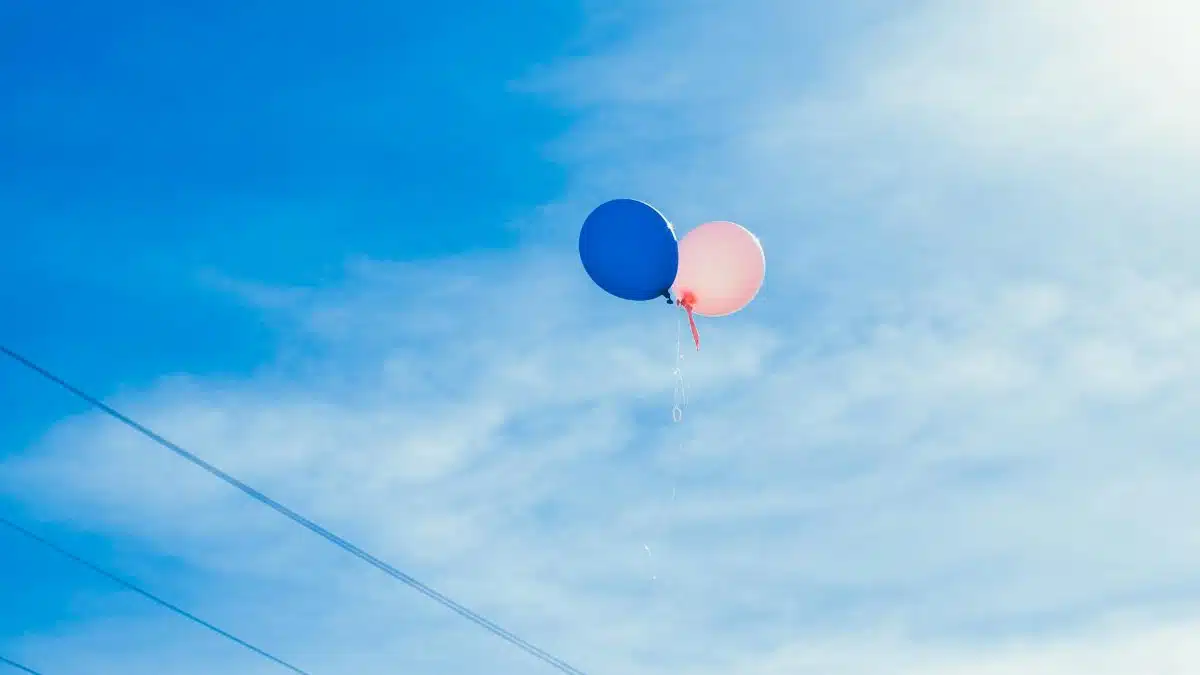 Two balloons floating in a clear blue sky, symbolizing freedom and joy.