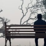 A person sitting alone on a park bench, surrounded by dense fog, creating a serene and introspective mood.