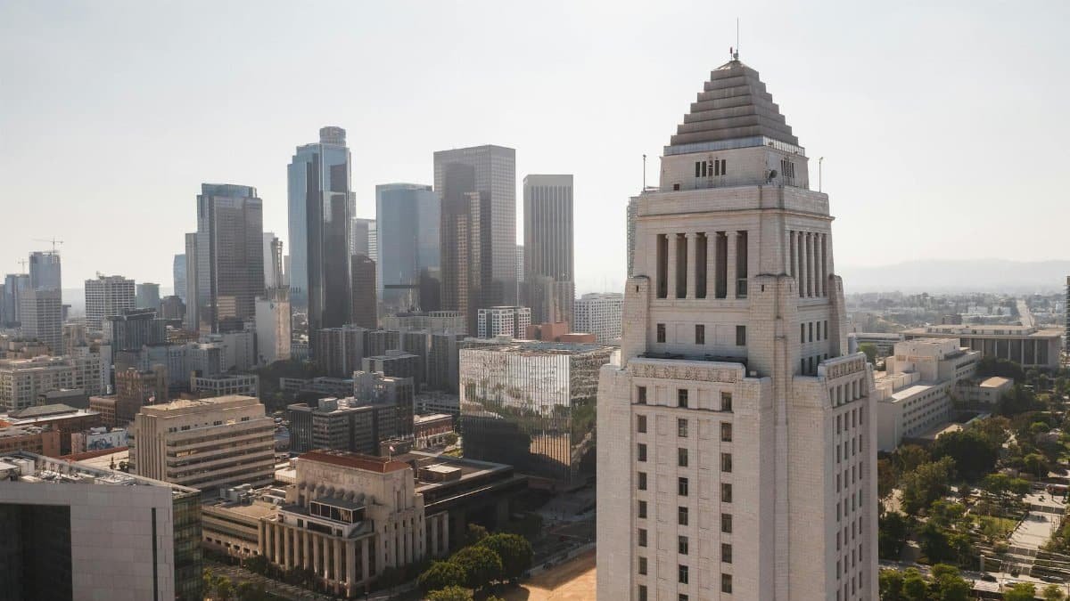 Aerial view of Los Angeles City Hall with the city skyline in the background.