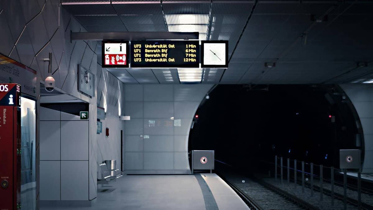 Empty and modern subway platform with illuminated signs and tracks leading into a tunnel.