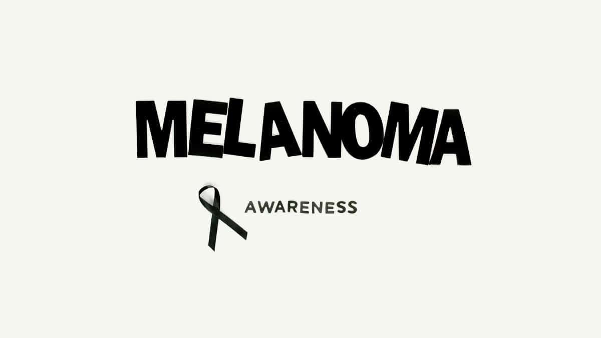Image highlighting melanoma awareness with a black ribbon on a white background.