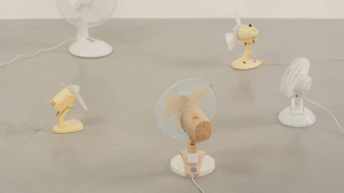 A variety of small desk fans positioned on a neutral floor showcasing design and color diversity.