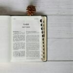 Bible open to Matthew with Mandarin and English text on rustic wood background.