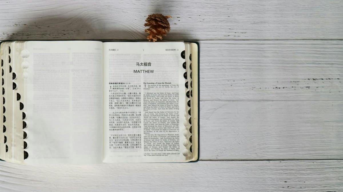 Bible open to Matthew with Mandarin and English text on rustic wood background.