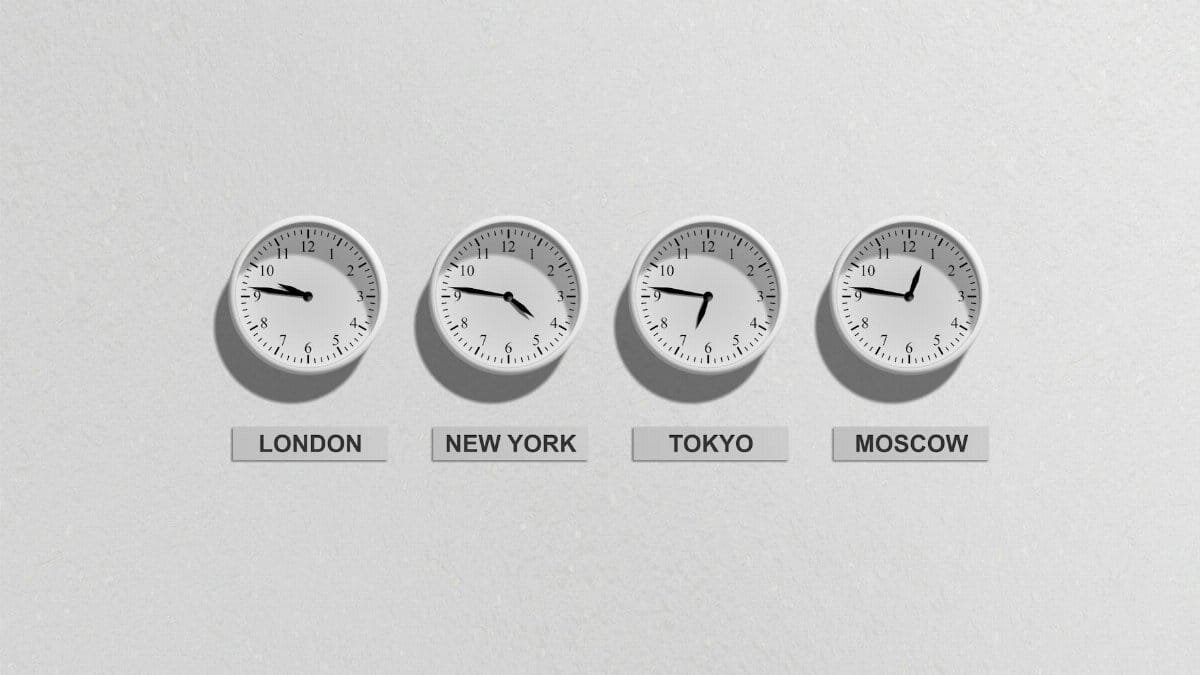 Four wall clocks showing different time zones for London, New York, Tokyo, and Moscow.