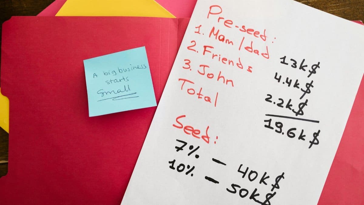 Handwritten notes detailing pre-seed and seed funding with motivational post-it on a desk.