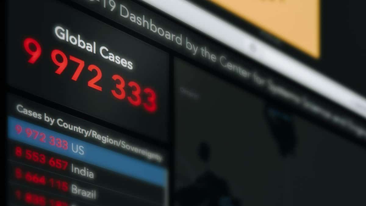 Dashboard screen with numbers in column reflecting information about global cases of coronavirus pandemic