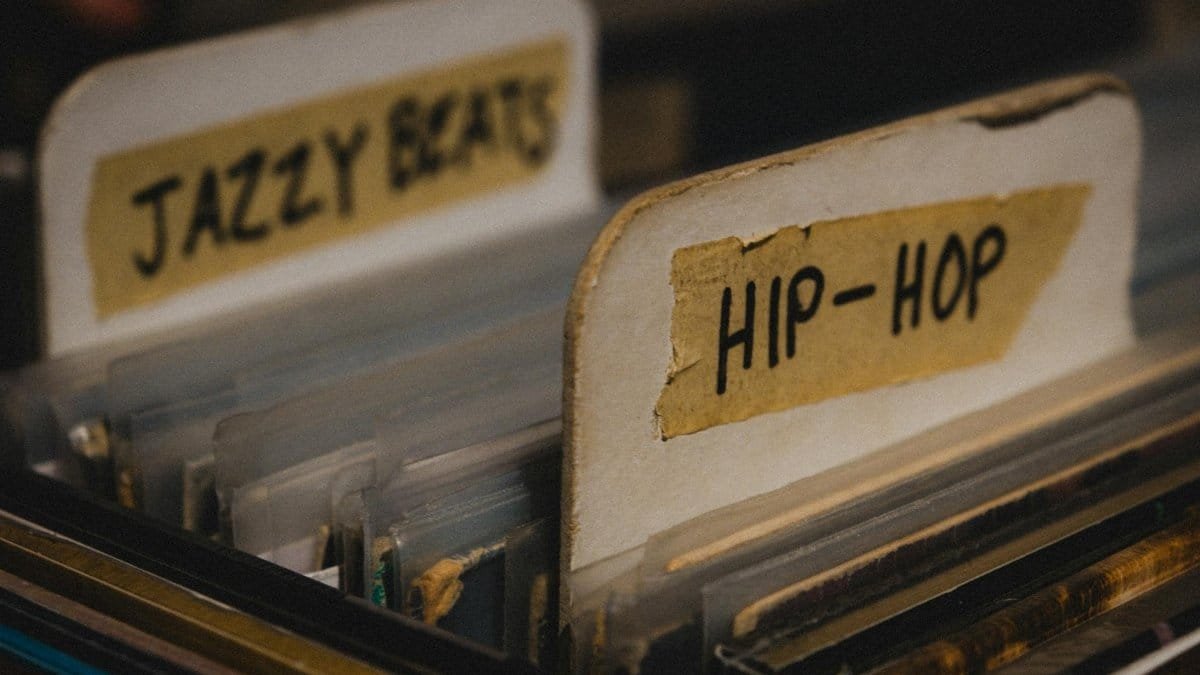 Vinyl records categorized under 'Jazzy Beats' and 'Hip-Hop' in a vintage collection.