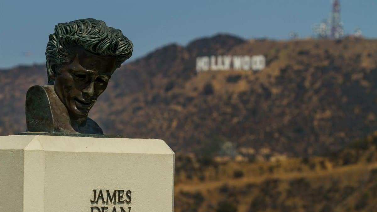 Bust of James Dean with iconic Hollywood Sign in the background, Los Angeles