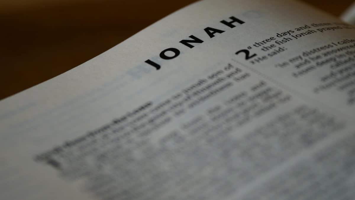 Macro photograph of the Book of Jonah page in a Bible, highlighting text and typography.