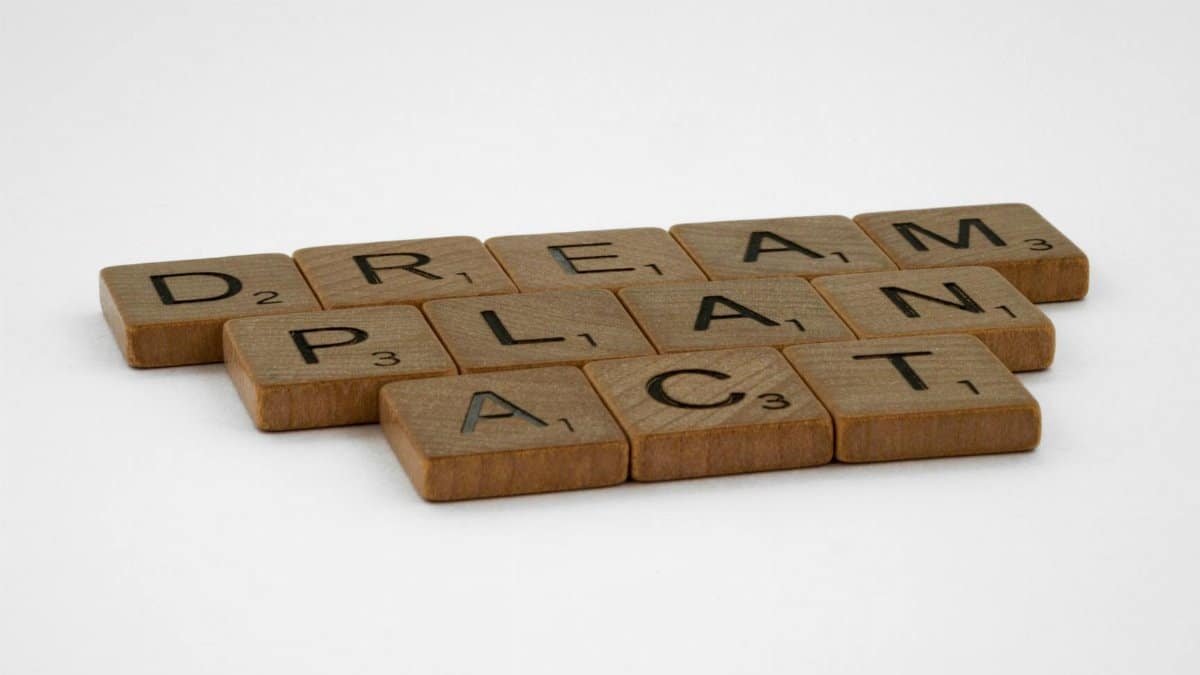 Wooden Scrabble tiles forming the motivational words: Dream, Plan, Act on white background.