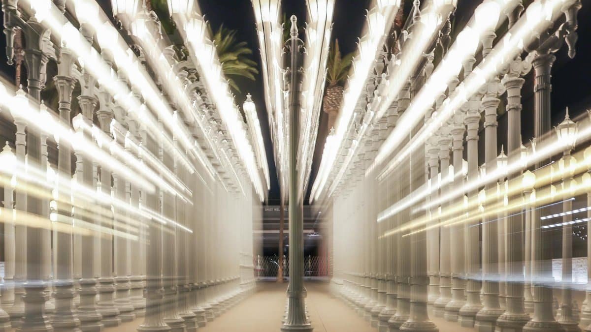 Long exposure shot of the iconic Urban Light installation at LACMA, Los Angeles.
