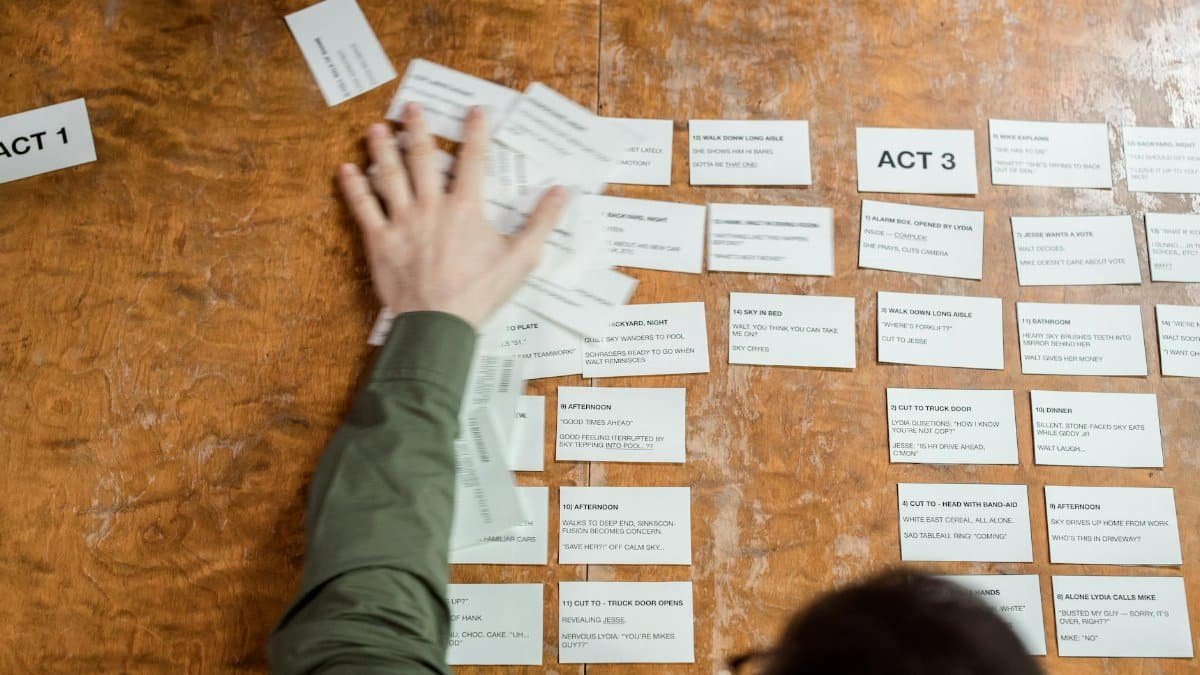 A person arranging storyboard cards on a wooden table for a film script planning session.