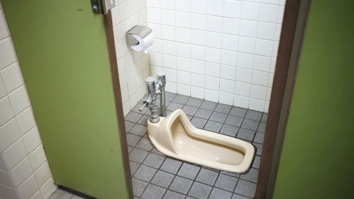 Image of a squat toilet in a public restroom with tiled walls and floor.