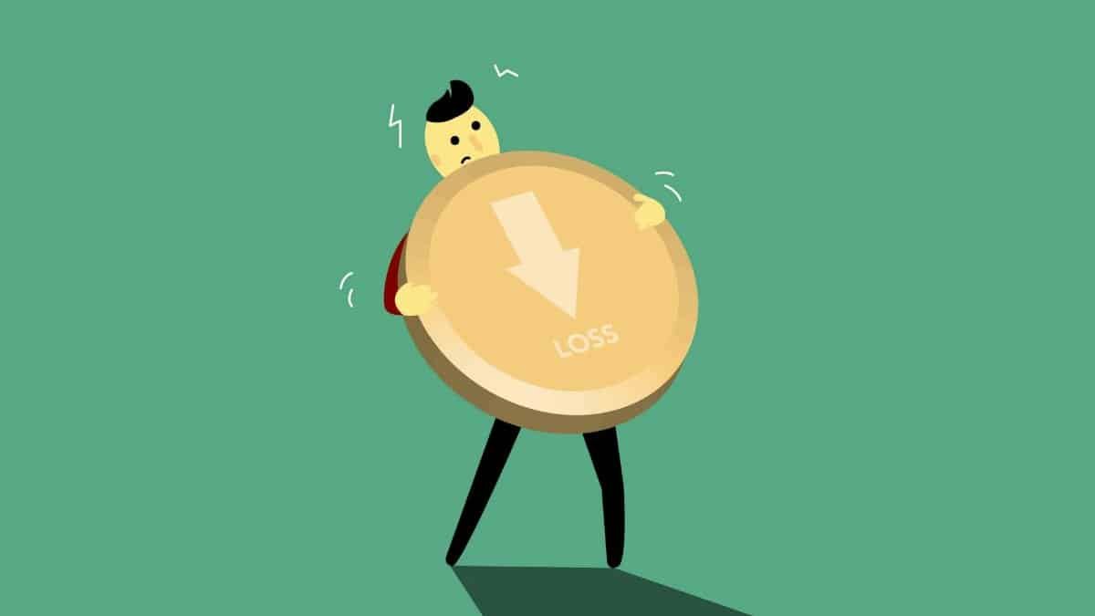 Illustration of a cartoon character struggling with a large coin symbolizing financial loss.