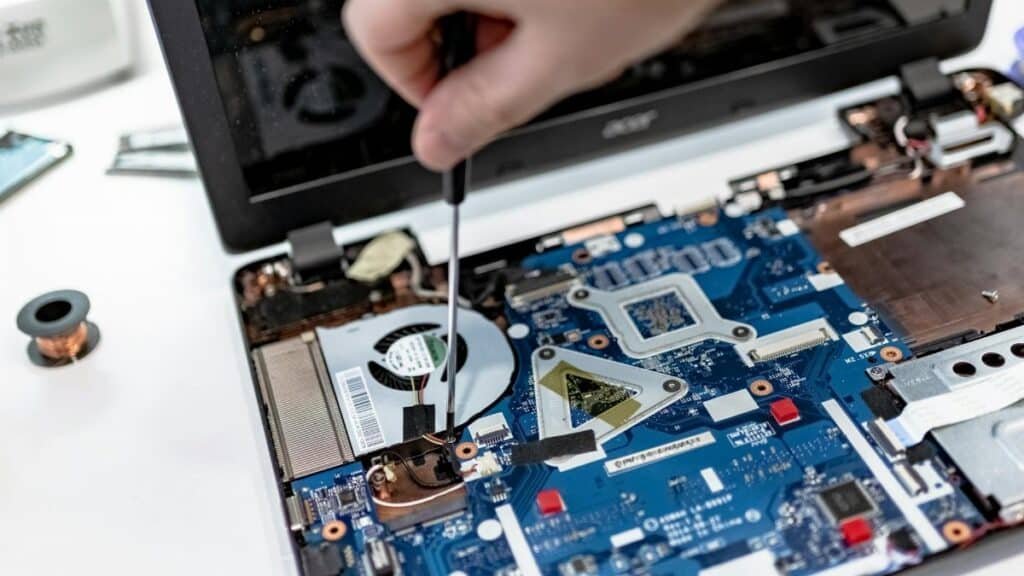 Hand repairing a laptop motherboard with a screwdriver, highlighting tech maintenance.