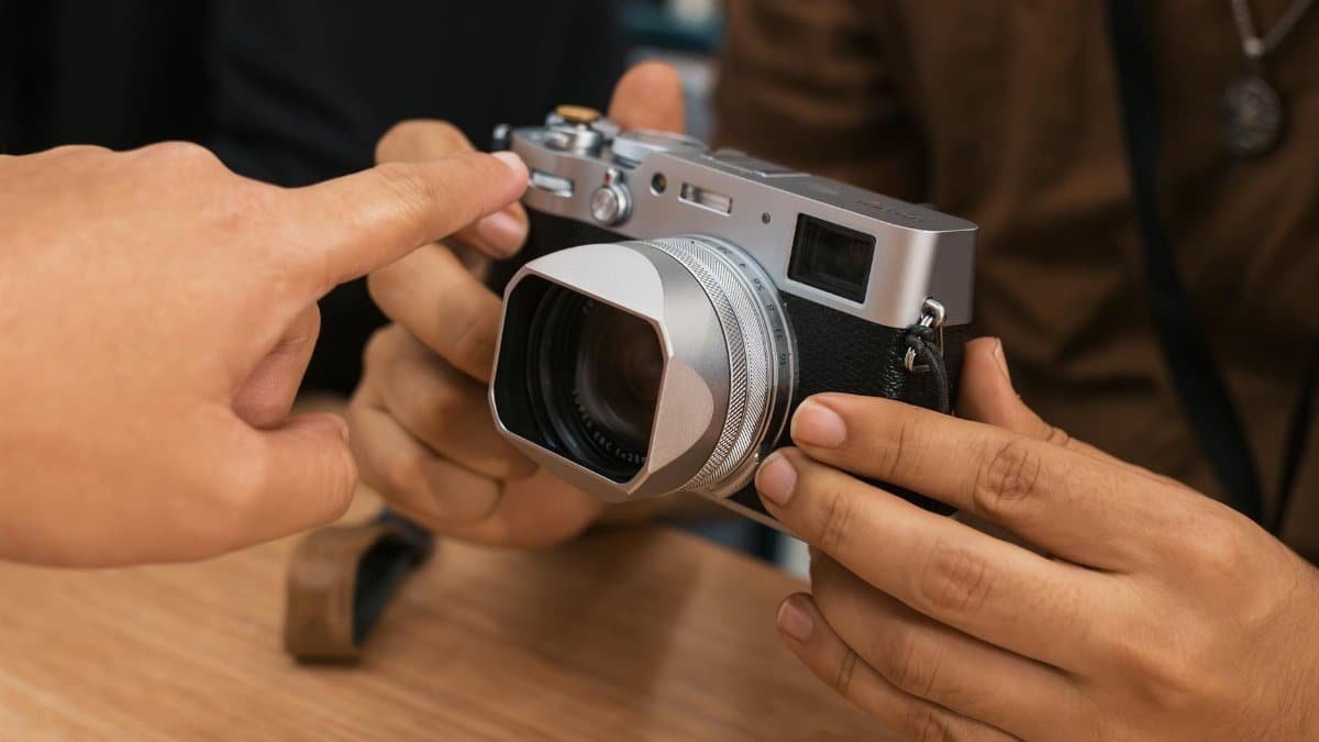 Close-up of hand pointing to a digital camera held by another person indoors.