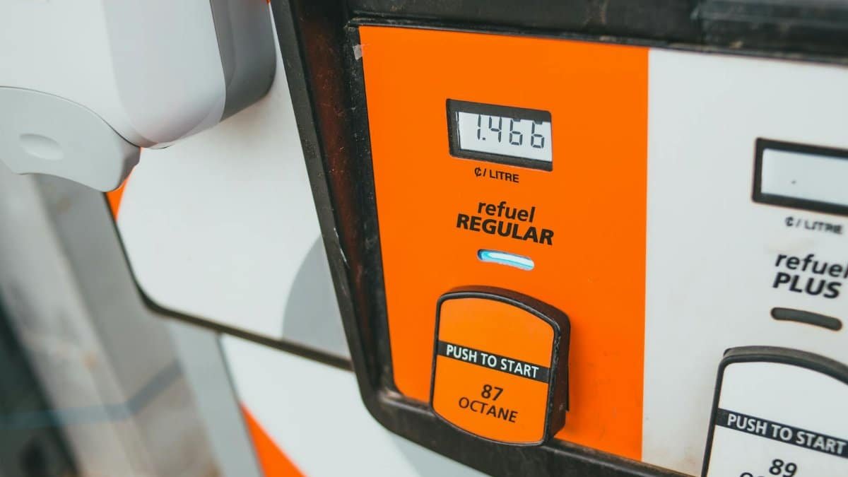 Detailed view of a gas pump showing price and octane level 87.