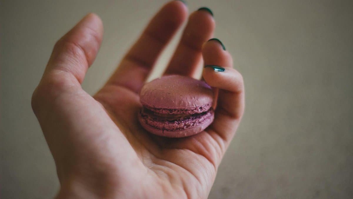 A close-up image of a hand delicately holding a pink macaron, showcasing elegance and style.