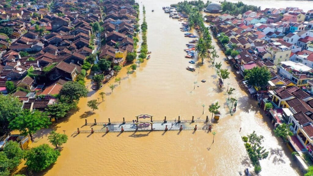 Stunning aerial image of Hoi An, Vietnam flooding with river overflow.