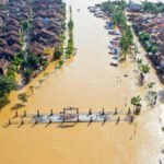 Stunning aerial image of Hoi An, Vietnam flooding with river overflow.
