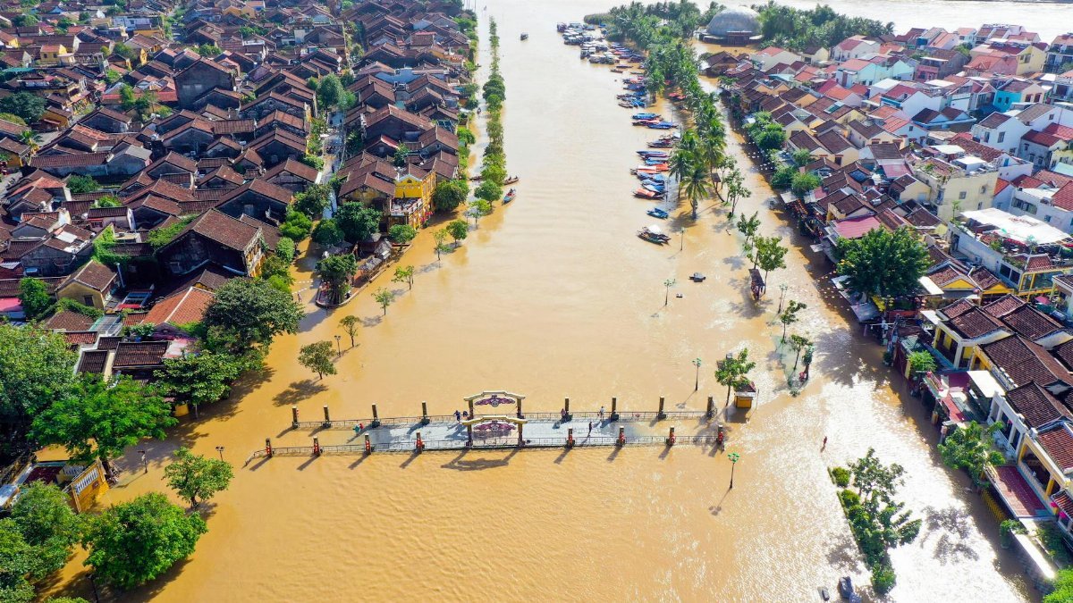 Stunning aerial image of Hoi An, Vietnam flooding with river overflow.