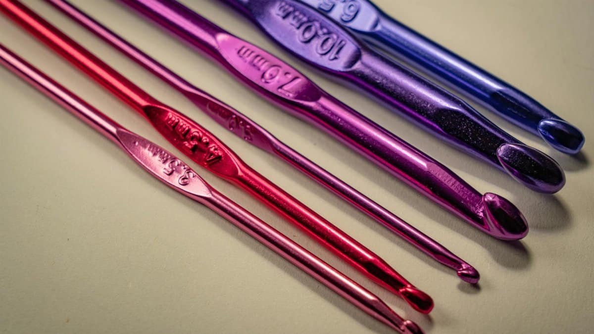 Vibrant set of crochet hooks in multiple colors on a light background.
