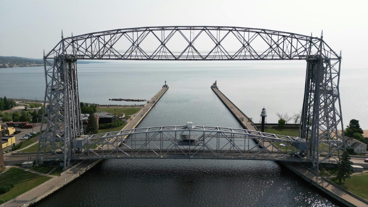 Aerial view of the iconic Aerial Lift Bridge in Duluth, overlooking Lake Superior.