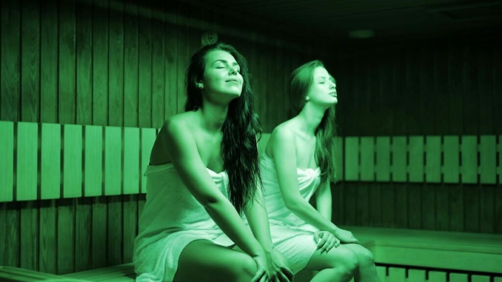 Two women in a sauna, wrapped in towels, enjoying relaxation and warmth indoors.