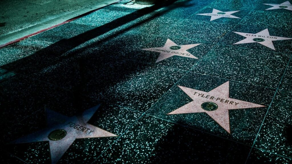 Night view of Hollywood Walk of Fame stars showcasing celebrity names and iconic design.
