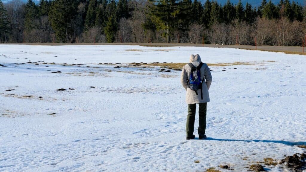 A lone hiker stands on a snow-covered field, surrounded by forest, capturing the essence of winter solitude.