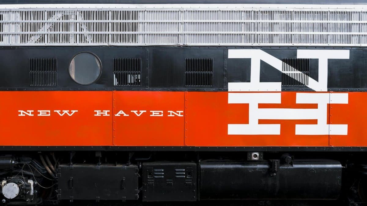 Close-up view of New Haven locomotive at Danbury Railway Museum, Connecticut.