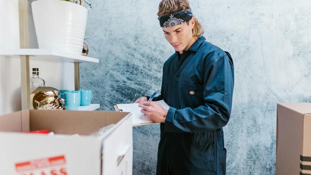 Man wearing overalls and bandana preparing for a home move, surrounded by boxes and fragile items.
