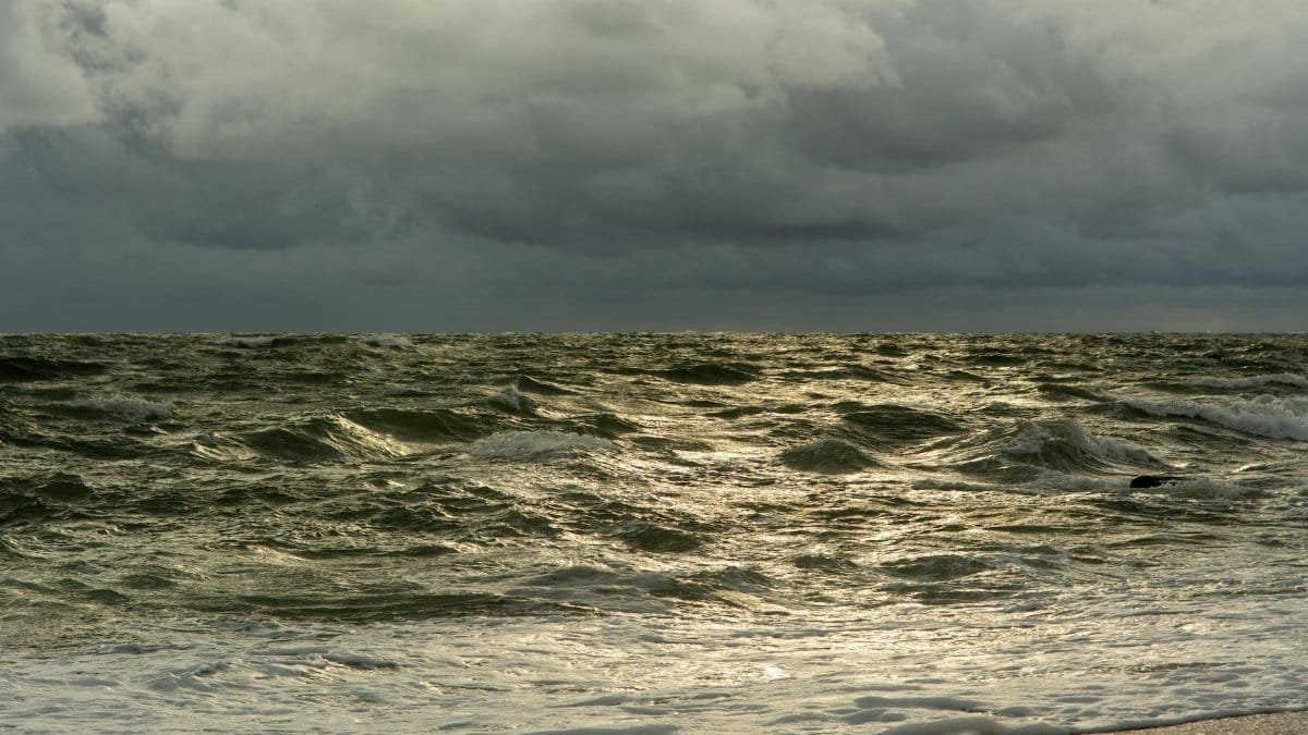 A dramatic view of the ocean with stormy waves under overcast skies, capturing the moody seascape.
